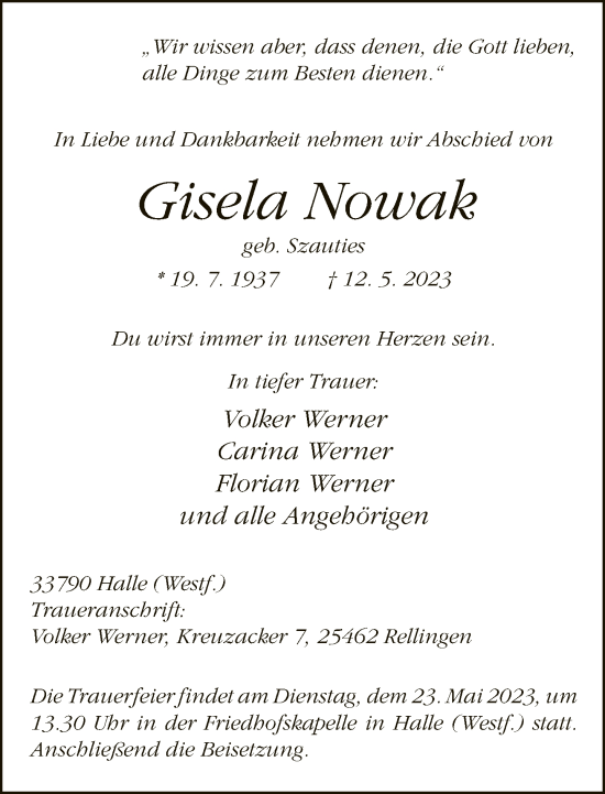 Traueranzeige von Gisela Nowak von Neue Westfälische