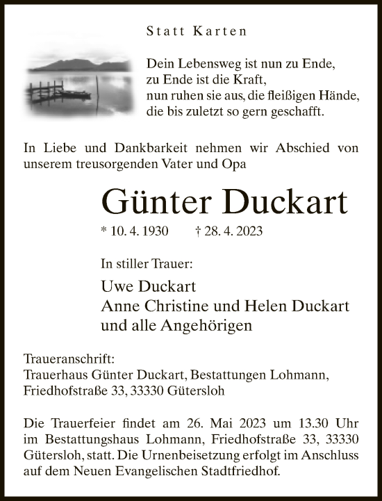 Traueranzeige von Günter Duckart von Neue Westfälische