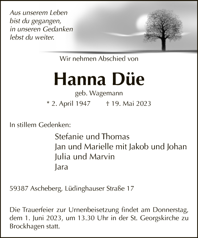  Traueranzeige für Hanna Düe vom 25.05.2023 aus Neue Westfälische
