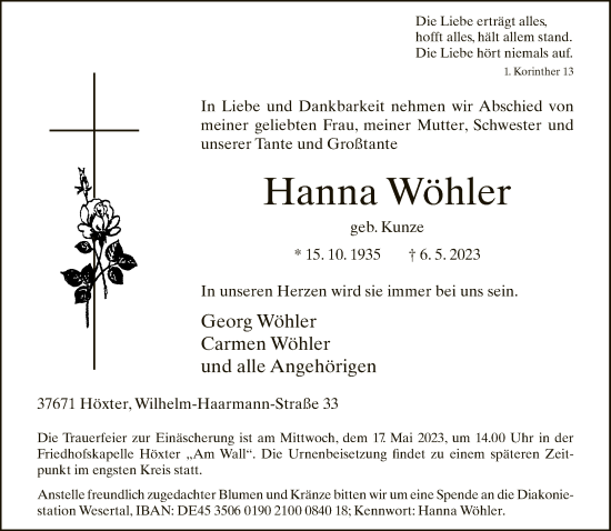 Traueranzeige von Hanna Wöhler von Neue Westfälische
