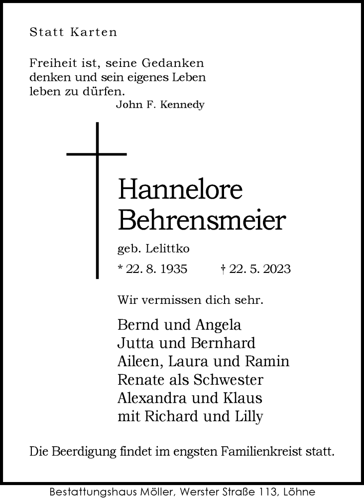  Traueranzeige für Hannelore Behrensmeier vom 24.05.2023 aus Neue Westfälische
