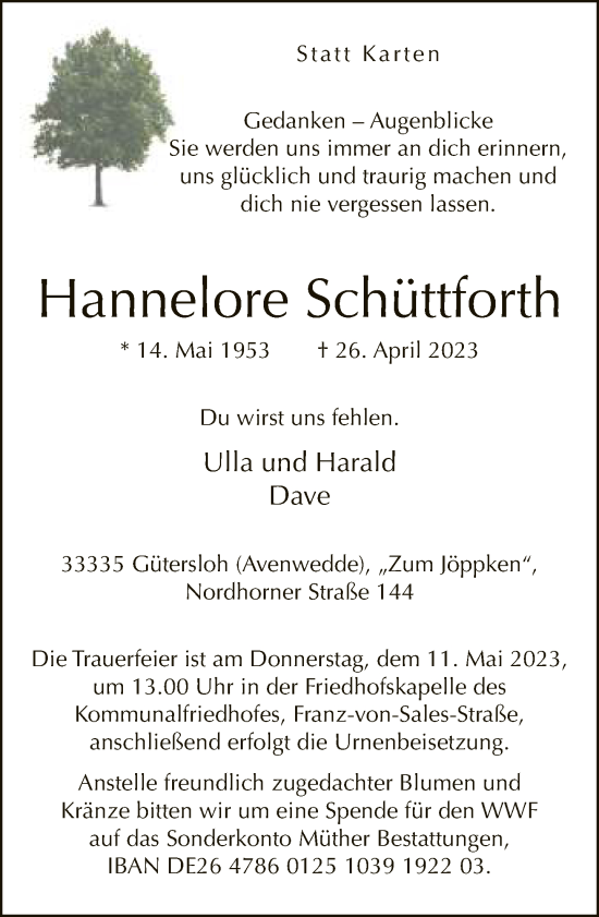 Traueranzeige von Hannelore Schüttforth von Neue Westfälische