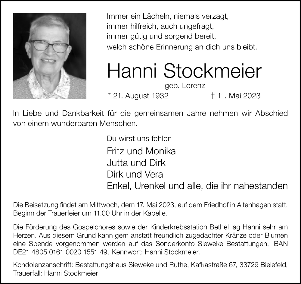 Traueranzeige für Hanni Stockmeier vom 13.05.2023 aus Neue Westfälische