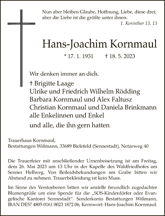 Traueranzeige von Hans-Joachim Kornmaul von Neue Westfälische