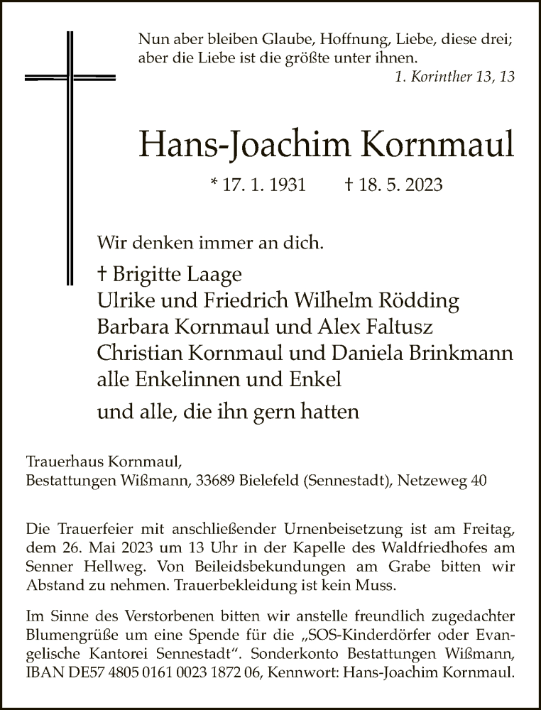  Traueranzeige für Hans-Joachim Kornmaul vom 24.05.2023 aus Neue Westfälische
