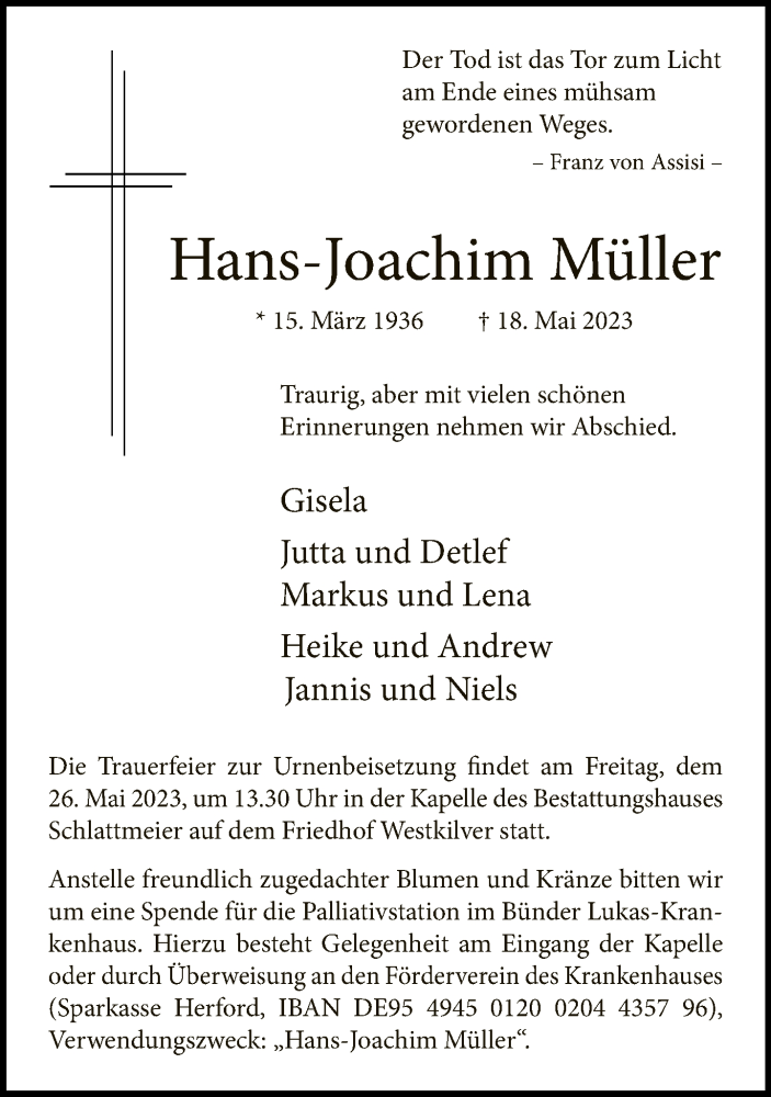  Traueranzeige für Hans-Joachim Müller vom 23.05.2023 aus Neue Westfälische