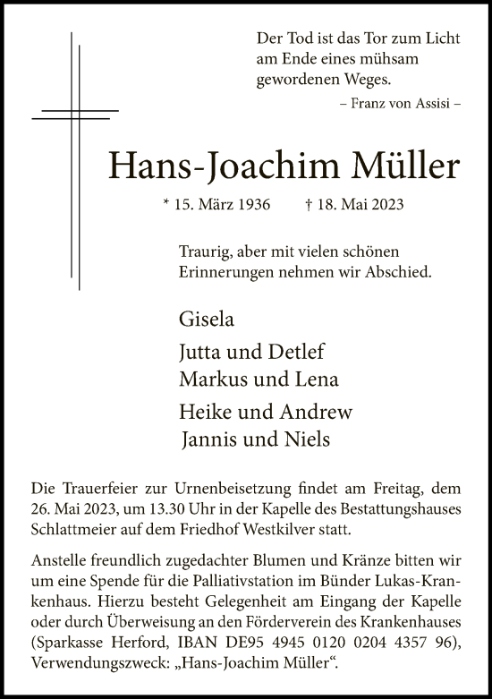Traueranzeige von Hans-Joachim Müller von Neue Westfälische