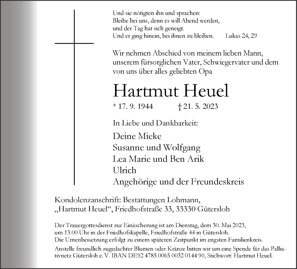  Traueranzeige für Hartmut Heuel vom 26.05.2023 aus Neue Westfälische