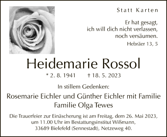 Traueranzeige von Heidemarie Rossol von Neue Westfälische