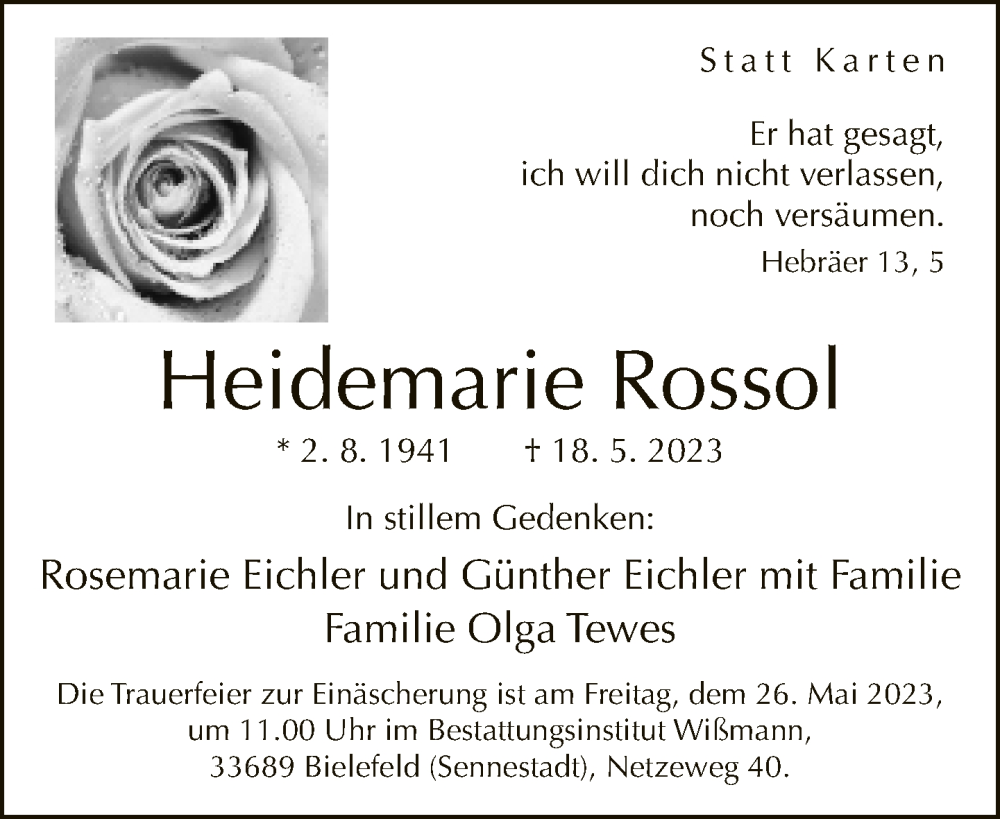  Traueranzeige für Heidemarie Rossol vom 23.05.2023 aus Neue Westfälische