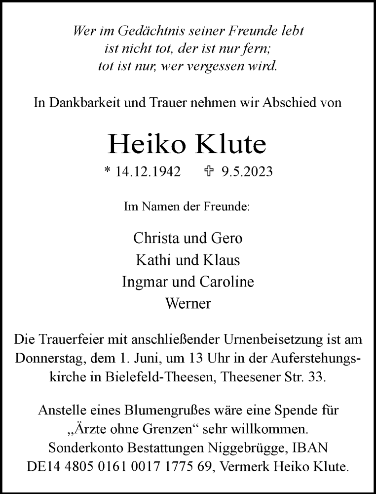  Traueranzeige für Heiko Klute vom 20.05.2023 aus Neue Westfälische