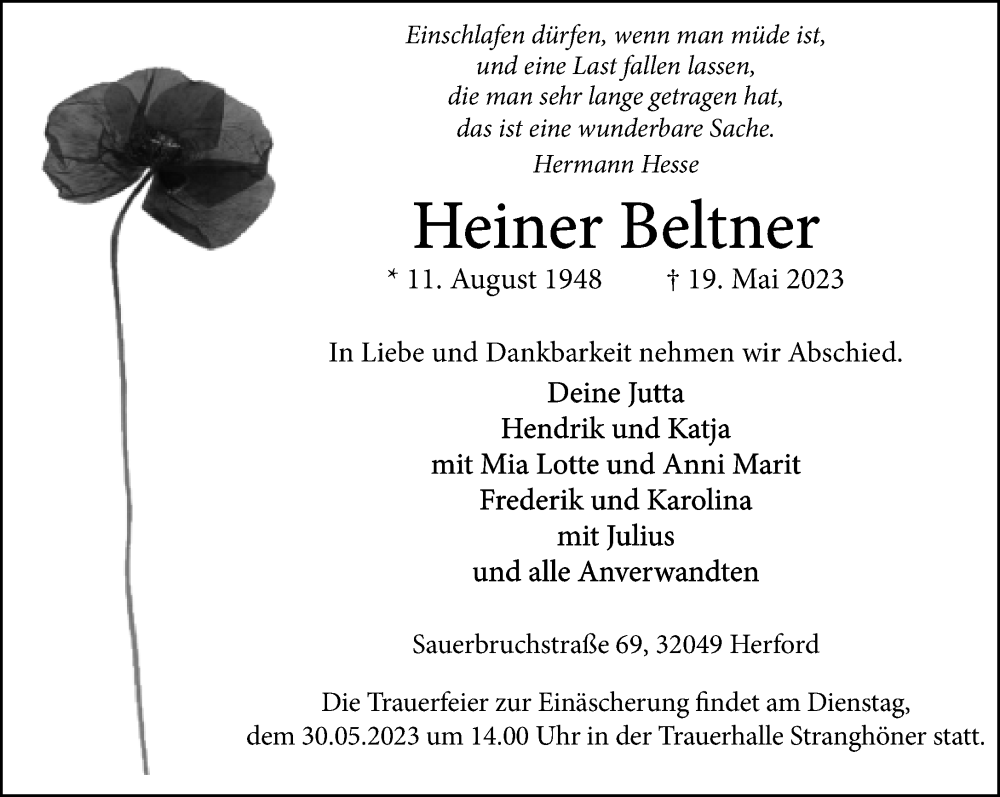  Traueranzeige für Heiner Beltner vom 23.05.2023 aus Neue Westfälische