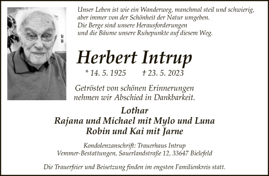 Traueranzeige von Herbert Intrup von Neue Westfälische