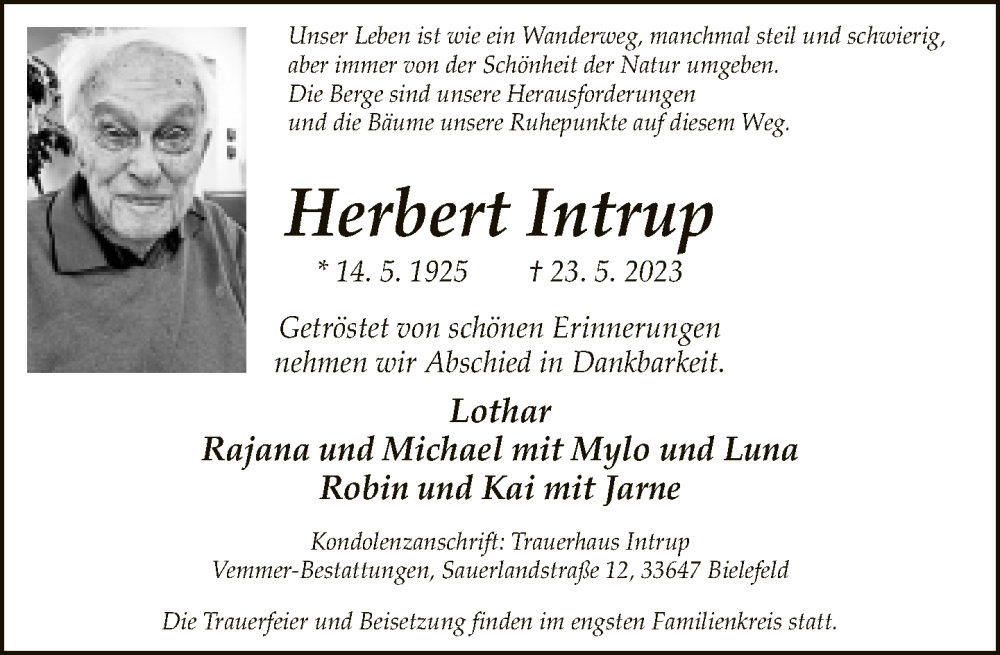  Traueranzeige für Herbert Intrup vom 27.05.2023 aus Neue Westfälische