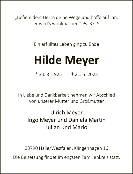 Traueranzeige von Hilde Meyer von Neue Westfälische