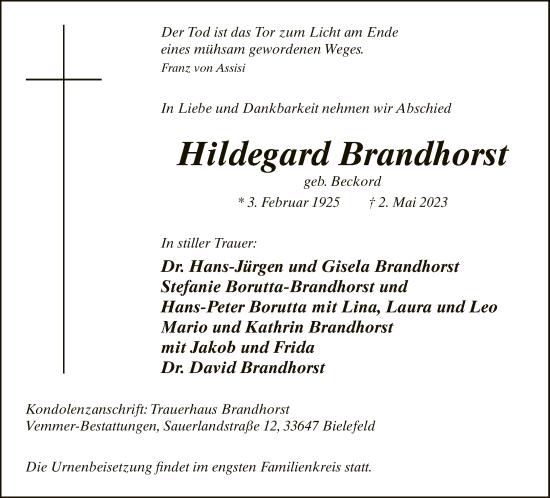 Traueranzeige von Hildegard Brandhorst von Neue Westfälische