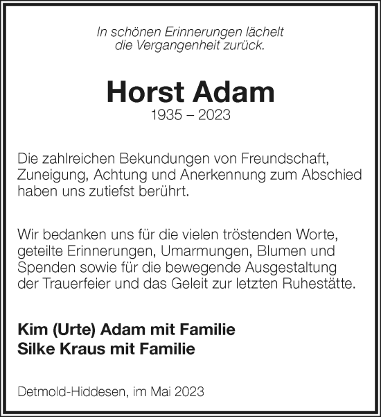 Traueranzeige von Horst Adam von Neue Westfälische