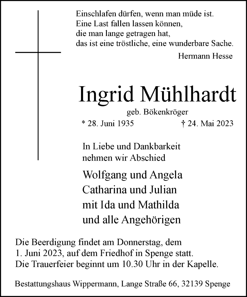  Traueranzeige für Ingrid Mühlhardt vom 27.05.2023 aus Neue Westfälische
