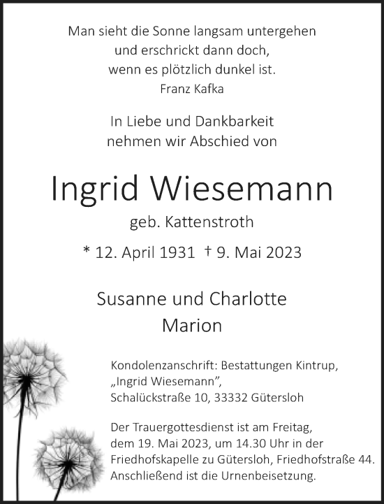 Traueranzeige von Ingrid Wiesemann von Neue Westfälische