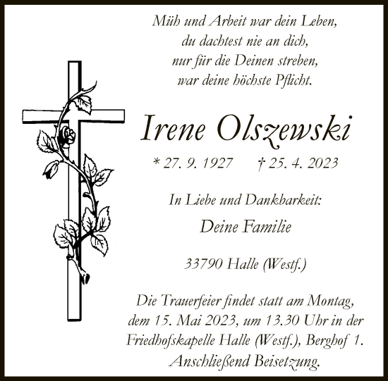 Traueranzeige von Irene Olszewski von Neue Westfälische