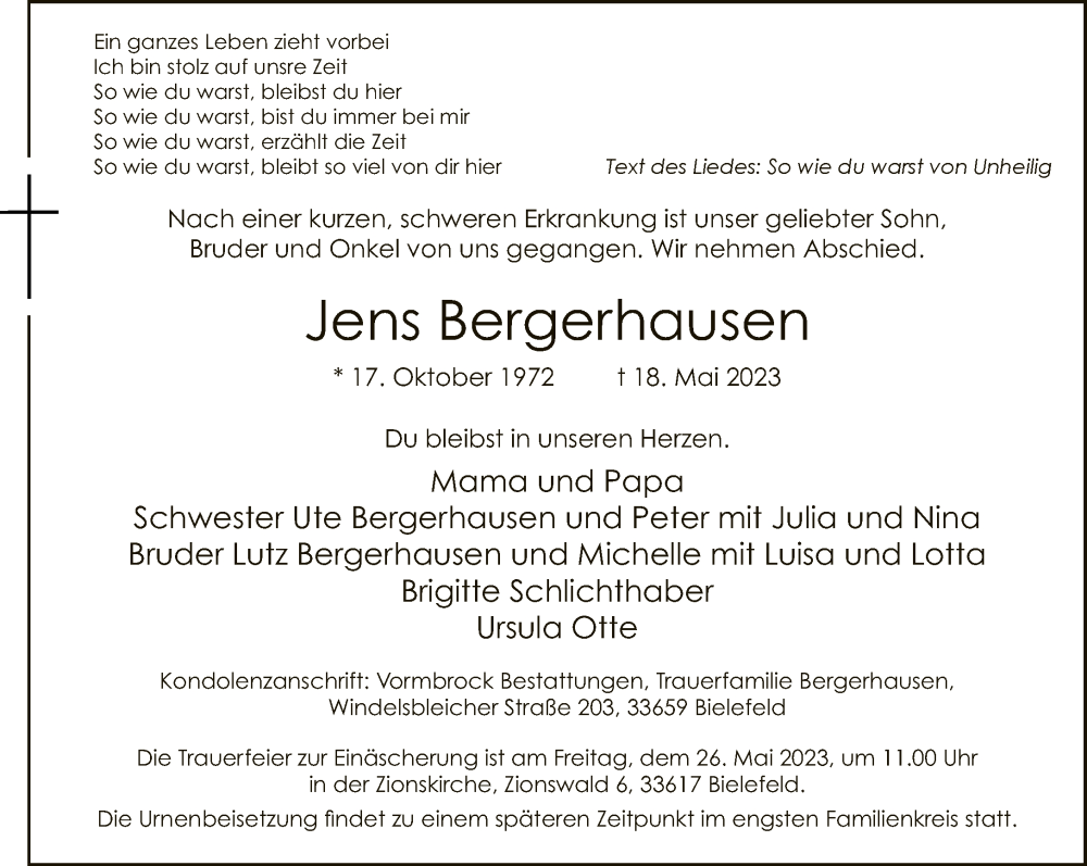  Traueranzeige für Jens Bergerhausen vom 24.05.2023 aus Neue Westfälische