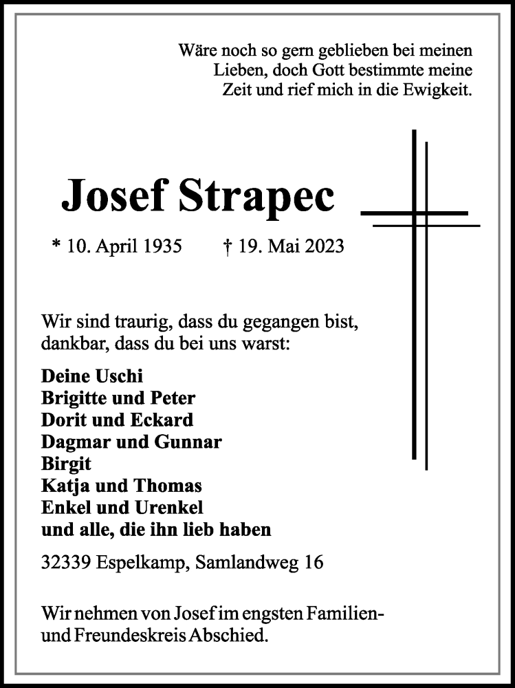  Traueranzeige für Josef Strapec vom 20.05.2023 aus Neue Westfälische