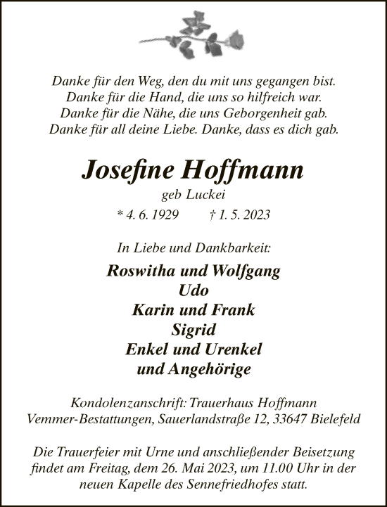 Traueranzeige von Josefine Hoffmann von Neue Westfälische