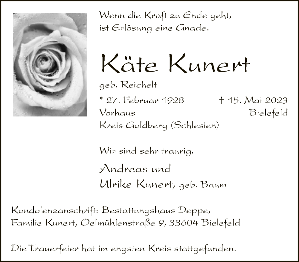  Traueranzeige für Käte Kunert vom 27.05.2023 aus Neue Westfälische