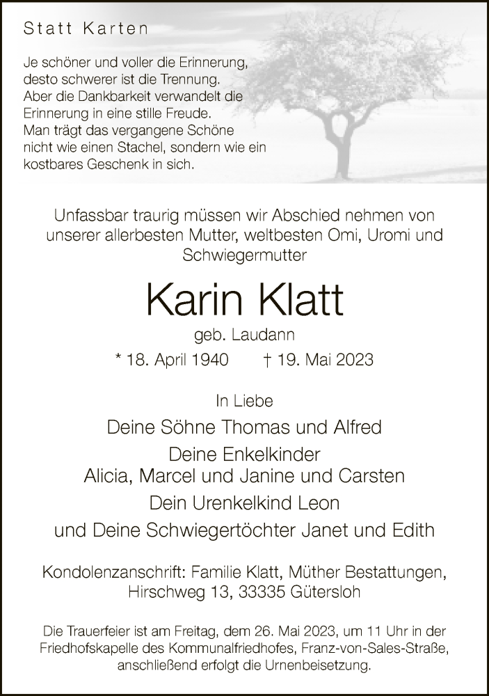  Traueranzeige für Karin Klatt vom 23.05.2023 aus Neue Westfälische