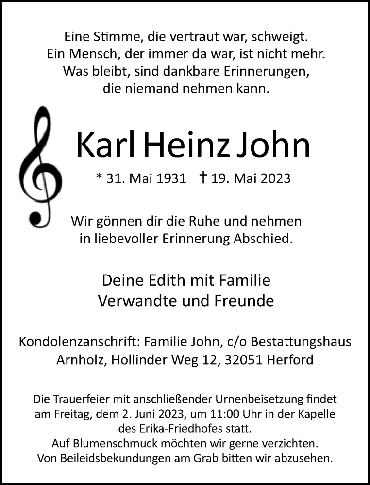  Traueranzeige für Karl Heinz John vom 25.05.2023 aus Neue Westfälische