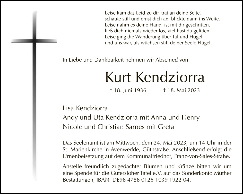  Traueranzeige für Kurt Kendziorra vom 20.05.2023 aus Neue Westfälische