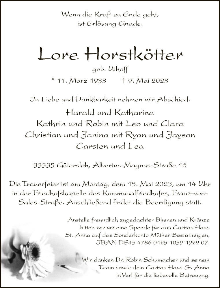  Traueranzeige für Lore Horstkötter vom 12.05.2023 aus Neue Westfälische