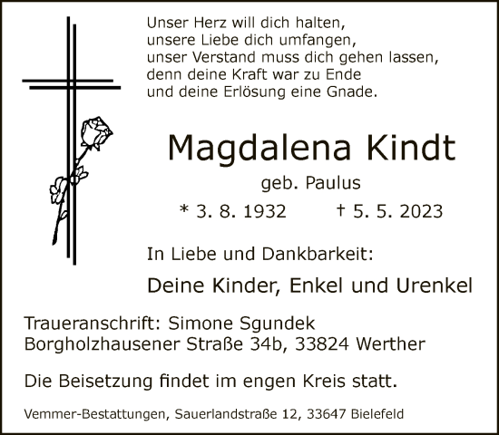 Traueranzeige von Magdalena Kindt von Neue Westfälische
