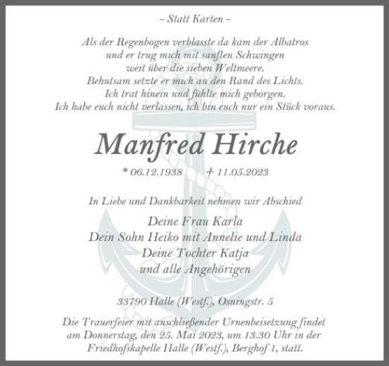 Traueranzeige von Manfred Hirche von Neue Westfälische