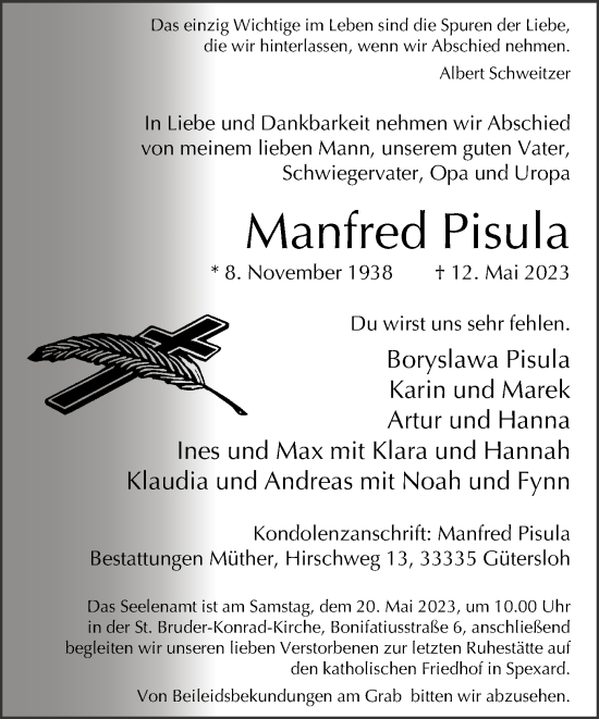 Traueranzeige von Manfred Pisula von Neue Westfälische
