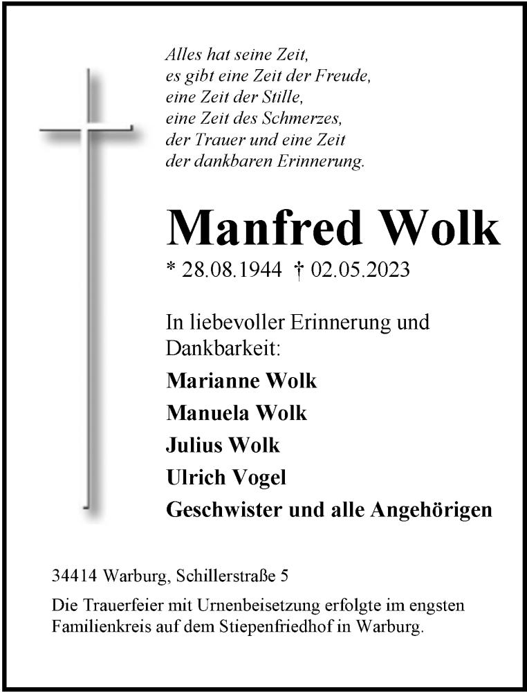  Traueranzeige für Manfred Wolk vom 20.05.2023 aus Neue Westfälische
