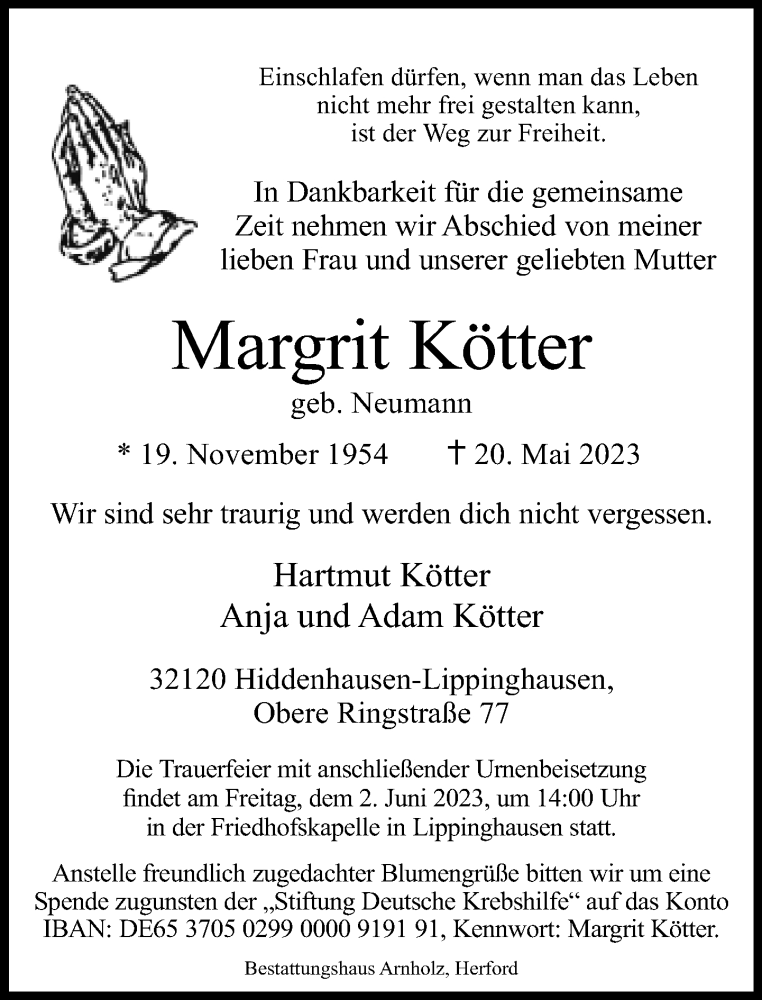  Traueranzeige für Margrit Kötter vom 27.05.2023 aus Neue Westfälische