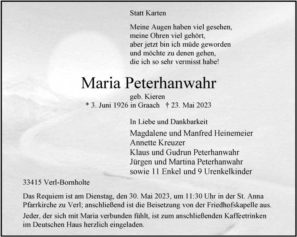  Traueranzeige für Maria Peterhanwahr vom 25.05.2023 aus Neue Westfälische