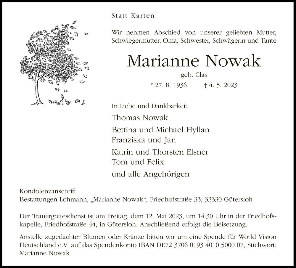  Traueranzeige für Marianne Nowak vom 06.05.2023 aus Neue Westfälische