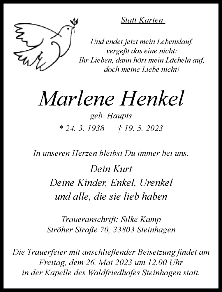  Traueranzeige für Marlene Henkel vom 24.05.2023 aus Neue Westfälische