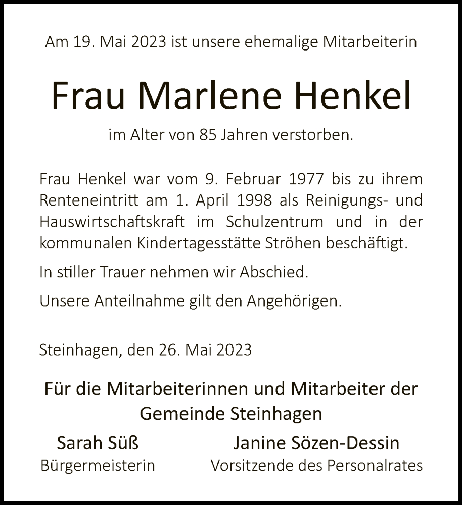  Traueranzeige für Marlene Henkel vom 26.05.2023 aus Neue Westfälische