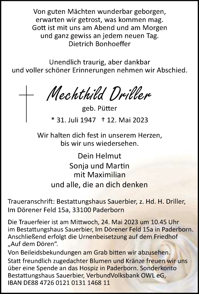  Traueranzeige für Mechthild Driller vom 17.05.2023 aus Neue Westfälische