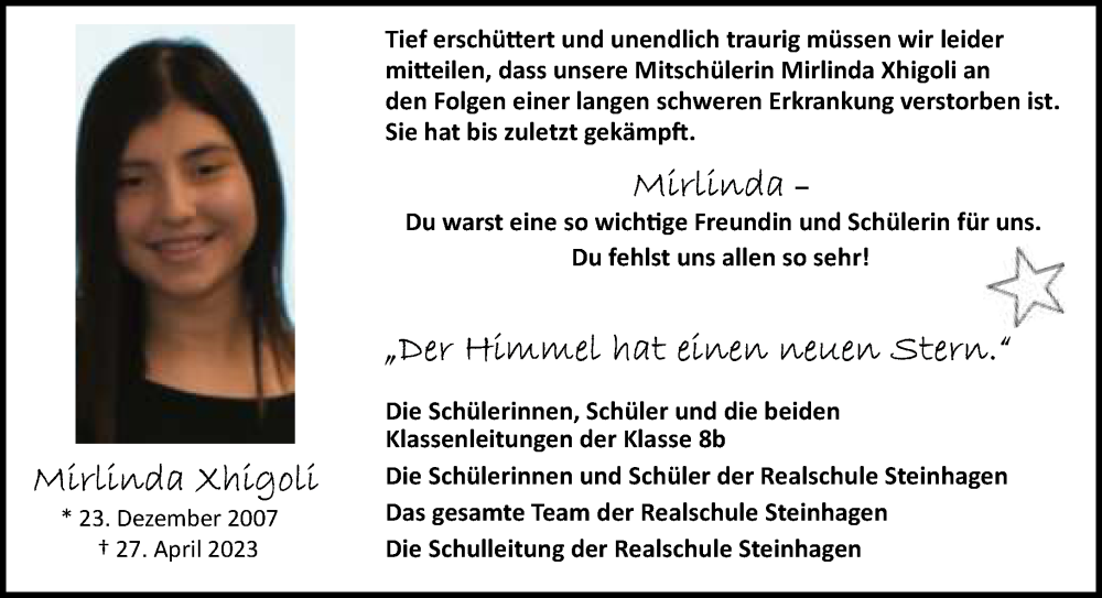  Traueranzeige für Mirlinda Xhigoli vom 20.05.2023 aus Neue Westfälische