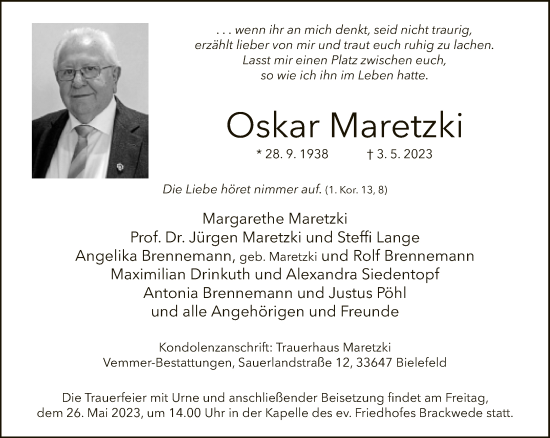 Traueranzeige von Oskar Maretzki von Neue Westfälische
