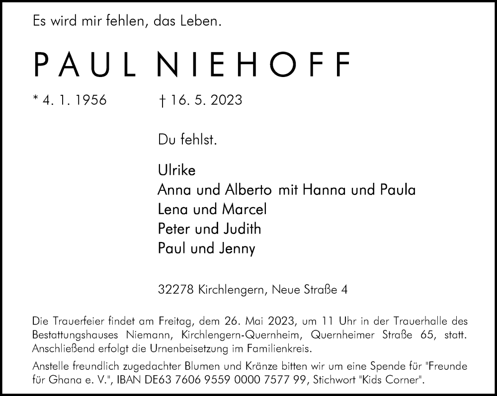  Traueranzeige für Paul Niehoff vom 23.05.2023 aus Neue Westfälische
