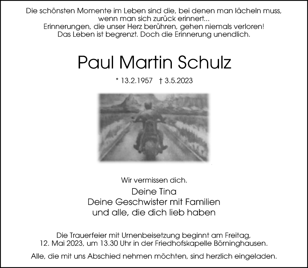 Traueranzeige für Paul Martin Schulz vom 06.05.2023 aus Neue Westfälische