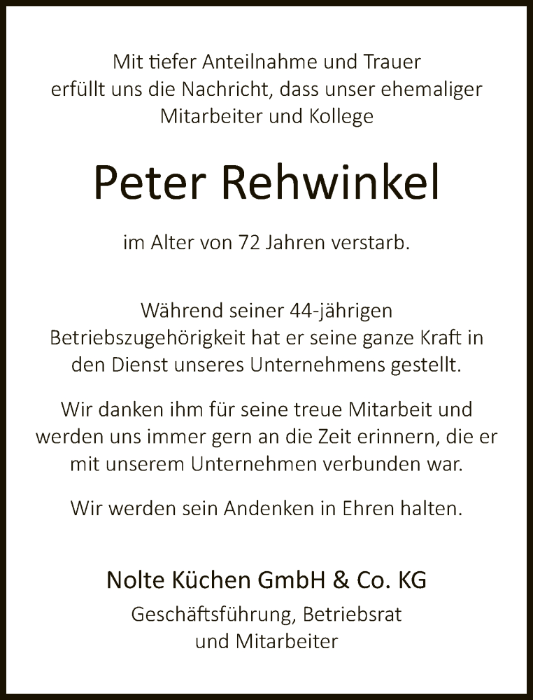  Traueranzeige für Peter Rehwinkel vom 03.05.2023 aus Neue Westfälische