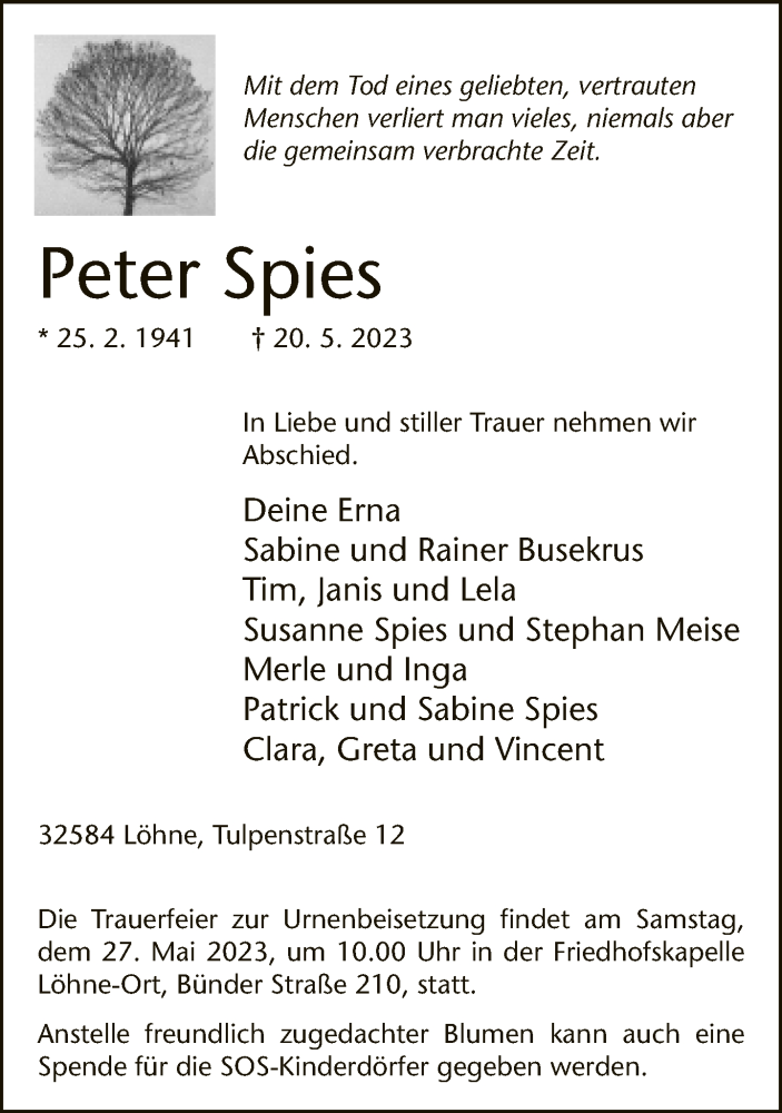  Traueranzeige für Peter Spies vom 24.05.2023 aus Neue Westfälische