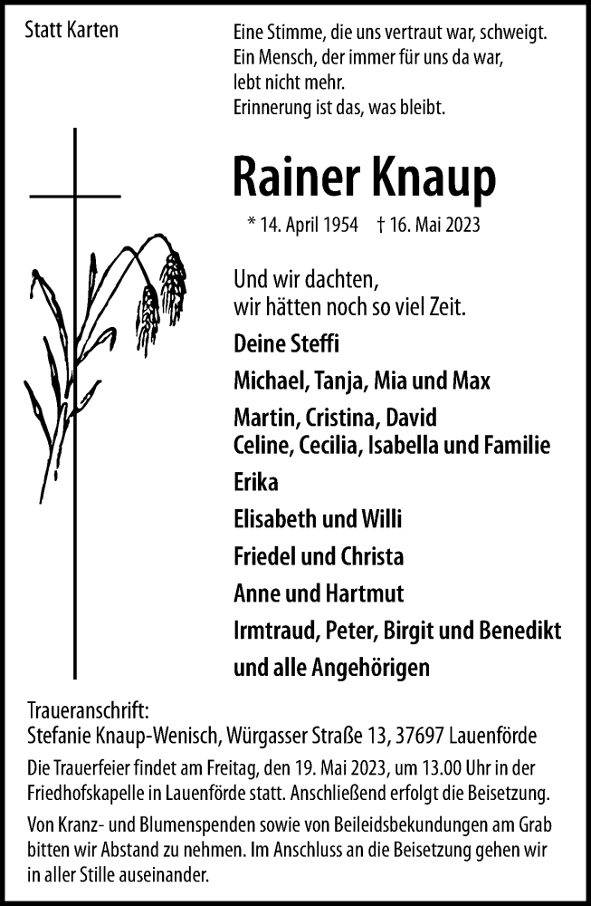  Traueranzeige für Rainer Knaup vom 17.05.2023 aus Neue Westfälische