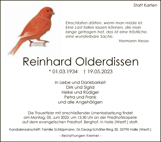 Traueranzeige von Reinhard Olderdissen von Neue Westfälische